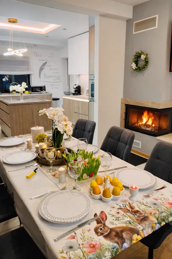Easter table decorated with bouquets, coloured eggs and Easter bunny